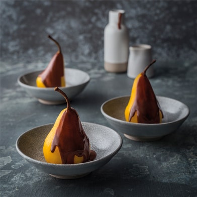 Saffron Poached Pears & Spiced Chocolate Sauce